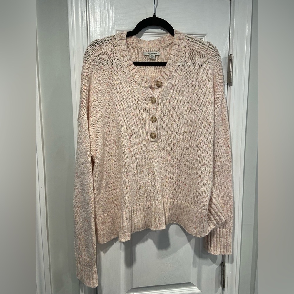 American Eagle Size M Pink Speckled 3/4 Button Pullover Oversized Knit Sweater